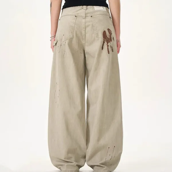 Jeans*Boogzel Clothing Handprint Wide-Leg Jeans Beige