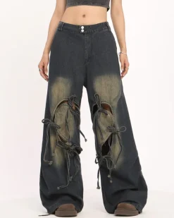Jeans*Boogzel Clothing Heart Bow Wide Leg Skater Jeans Blue