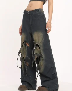Jeans*Boogzel Clothing Heart Bow Wide Leg Skater Jeans Blue