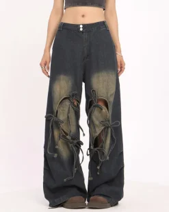 Jeans*Boogzel Clothing Heart Bow Wide Leg Skater Jeans Blue