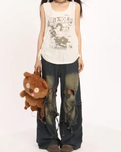 Jeans*Boogzel Clothing Heart Bow Wide Leg Skater Jeans Blue