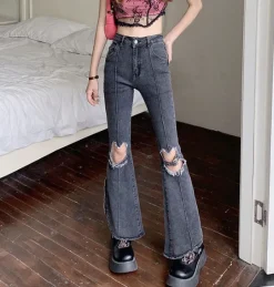 Jeans*Boogzel Clothing Heart Cut Out Grunge Flare Jeans Grey