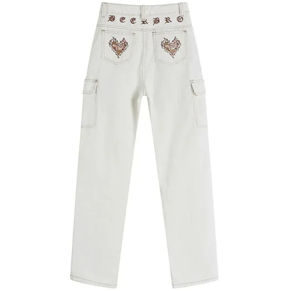 Jeans*Boogzel Clothing Heart Embroidery Cargo Jeans White