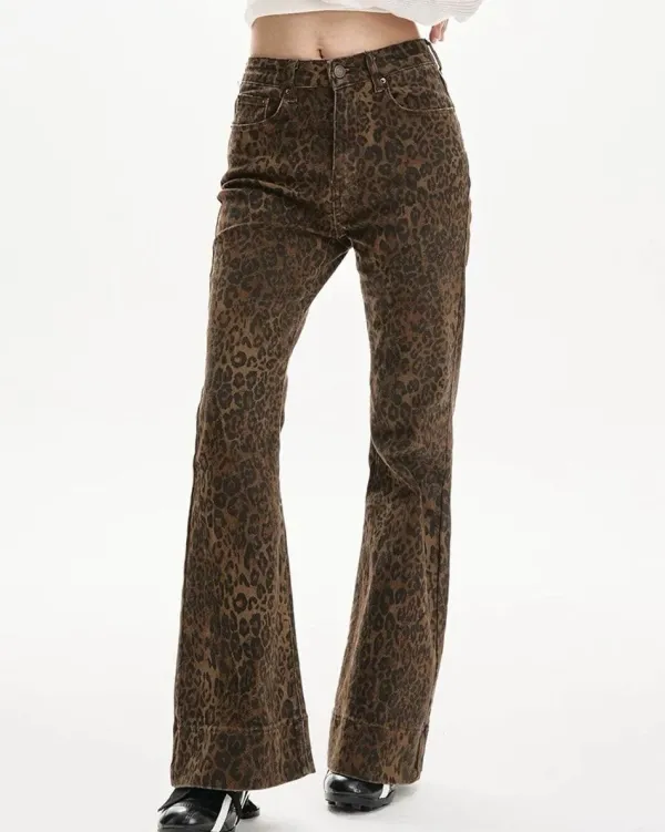 Jeans*Boogzel Clothing High-Waisted Leopard Flare Jeans Brown