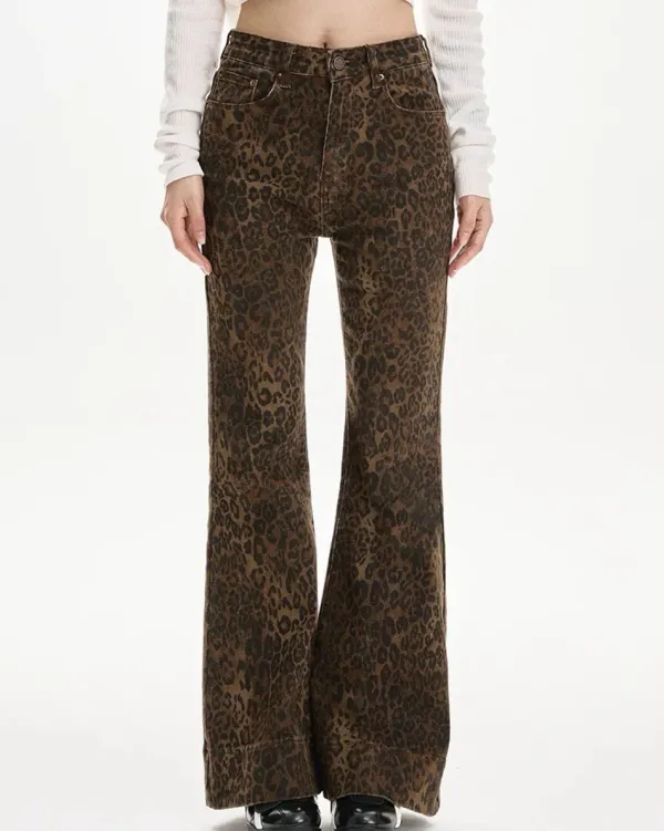 Jeans*Boogzel Clothing High-Waisted Leopard Flare Jeans Brown