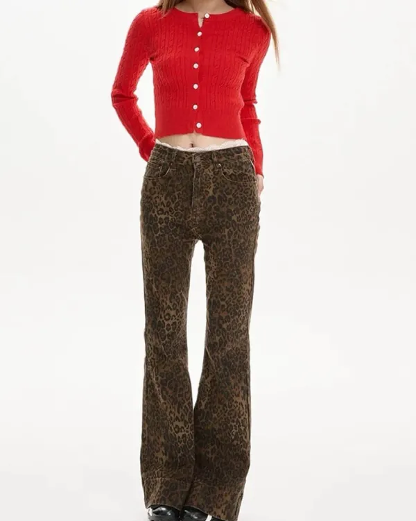 Jeans*Boogzel Clothing High-Waisted Leopard Flare Jeans Brown
