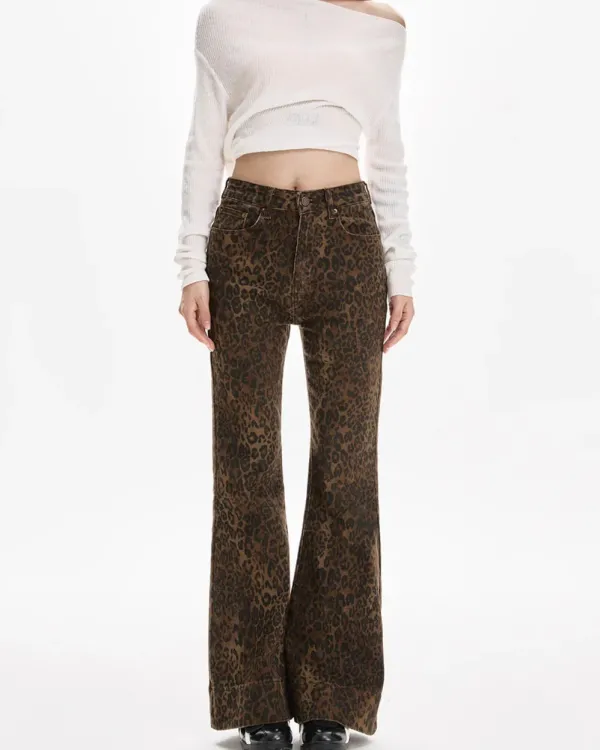 Jeans*Boogzel Clothing High-Waisted Leopard Flare Jeans Brown