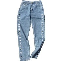 Jeans*Boogzel Clothing Holed Up Grommet Jeans Blue
