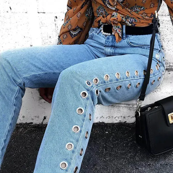 Jeans*Boogzel Clothing Holed Up Grommet Jeans Blue