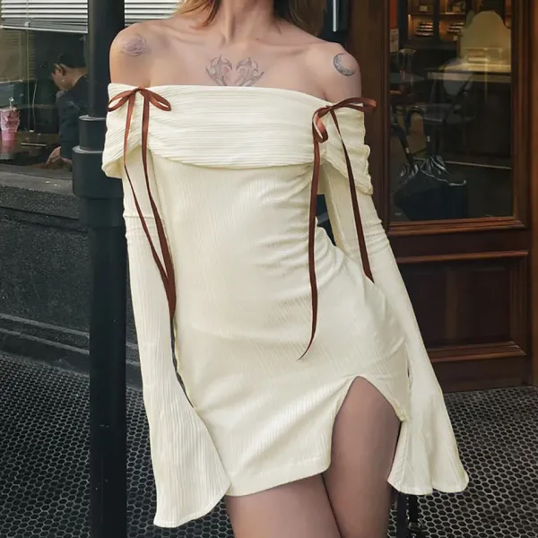 Dresses & Rompers*Boogzel Clothing Hopeless Romantic Off Shoulder Mini Dress Beige