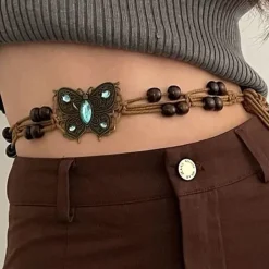 Belts & Chains*Boogzel Clothing Indie Aesthetic Butterfly Beaded Belt Brown
