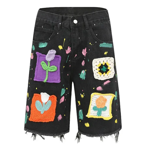 Shorts*Boogzel Clothing Indie Aesthetic Crochet Flower Denim Shorts