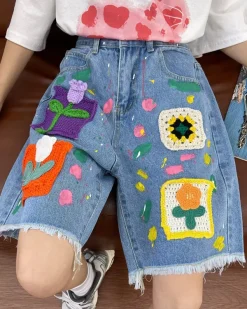 Shorts*Boogzel Clothing Indie Aesthetic Crochet Flower Denim Shorts
