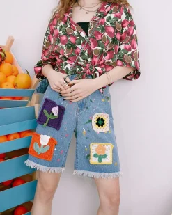 Shorts*Boogzel Clothing Indie Aesthetic Crochet Flower Denim Shorts