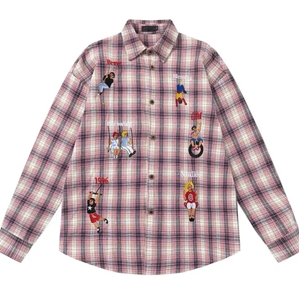 Mens|Long Sleeve Tops*Boogzel Clothing Indie Aesthetic Embroidered Plaid Shirt