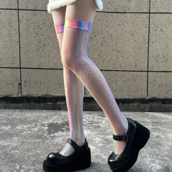 Socks*Boogzel Clothing Iridescent Fishnet Knee-High Socks Rainbow