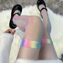Socks*Boogzel Clothing Iridescent Fishnet Knee-High Socks Rainbow