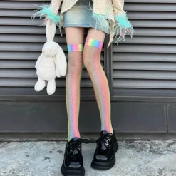 Socks*Boogzel Clothing Iridescent Fishnet Knee-High Socks Rainbow