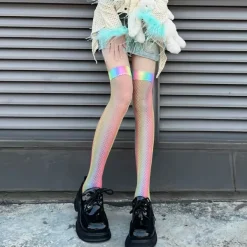 Socks*Boogzel Clothing Iridescent Fishnet Knee-High Socks Rainbow