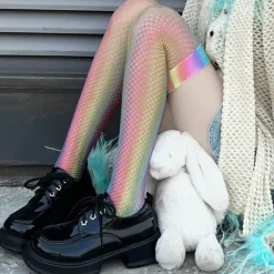 Socks*Boogzel Clothing Iridescent Fishnet Knee-High Socks Rainbow