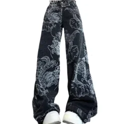 Jeans*Boogzel Clothing Japanese Dragon Aesthetic Jeans Black