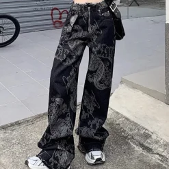 Jeans*Boogzel Clothing Japanese Dragon Aesthetic Jeans Black