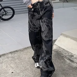 Jeans*Boogzel Clothing Japanese Dragon Aesthetic Jeans Black