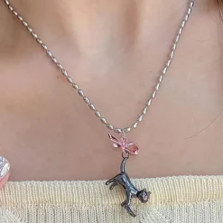 Necklaces & Chokers*Boogzel Clothing Kitten & Bow Necklace Silver/pink
