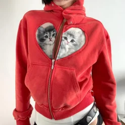 Hoodies*Boogzel Clothing Kitten & Heart Zip Up Hoodie Red