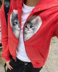Hoodies*Boogzel Clothing Kitten & Heart Zip Up Hoodie Red