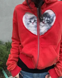 Hoodies*Boogzel Clothing Kitten & Heart Zip Up Hoodie Red