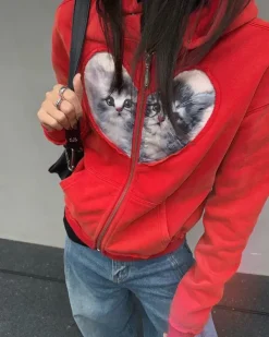Hoodies*Boogzel Clothing Kitten & Heart Zip Up Hoodie Red
