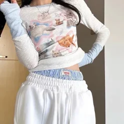 Long Sleeve Tops*Boogzel Clothing Kitty Long Sleeve Top White/blue