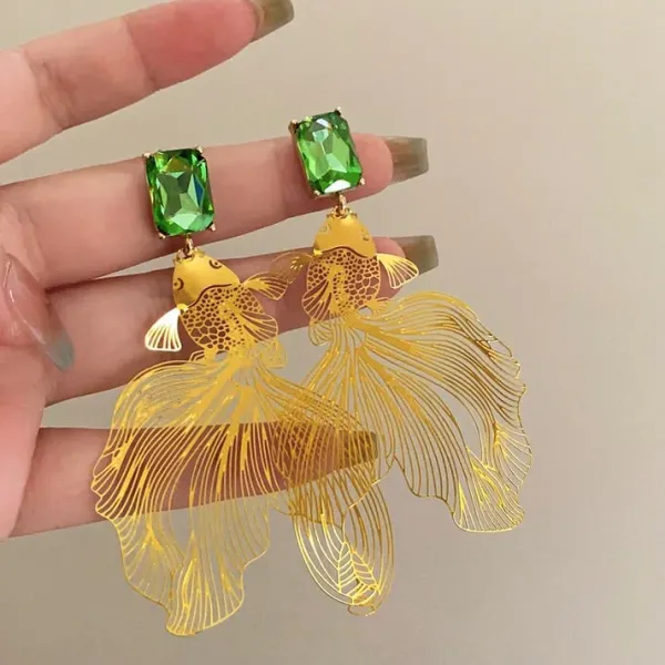 Earrings*Boogzel Clothing Koi Fish Green Stone Earrings Gold