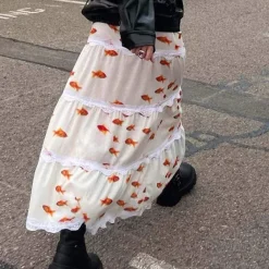 Skirts*Boogzel Clothing Koi Fish Maxi Skirt White/orange