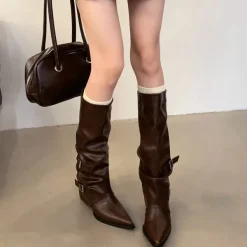 Boots / Platform Boots*Boogzel Clothing Korean Style Slouch Buckle Boots Brown