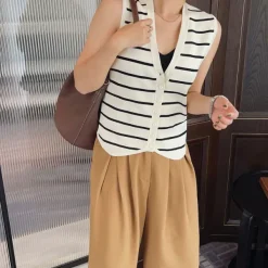 Striped Sweaters|Knit Vests*Boogzel Clothing Like a French Striped Button Up Vest White