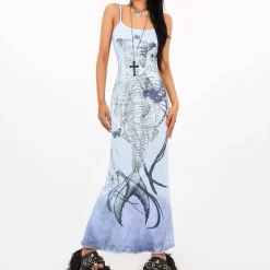 Dresses & Rompers*Boogzel Clothing Mermaid Skeleton Print Dress Blue