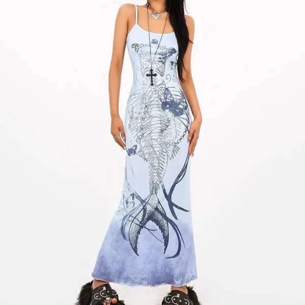 Dresses & Rompers*Boogzel Clothing Mermaid Skeleton Print Dress Blue