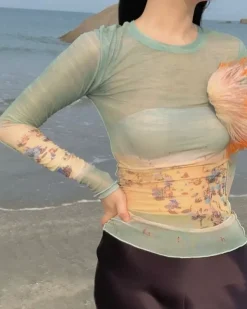 Long Sleeve Tops*Boogzel Clothing Ocean Beach Print Top Green