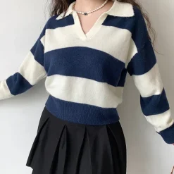 Striped Sweaters|Sweaters*Boogzel Clothing Old Money Striped Pullover Blue/white