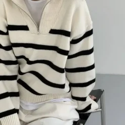 Striped Sweaters|Sweaters*Boogzel Clothing Old Money Zip Up Striped Sweater Beige