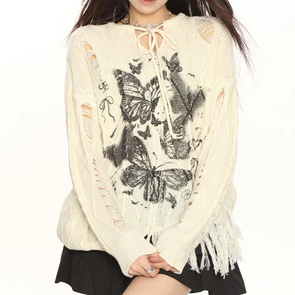 Sweaters*Boogzel Clothing Oversized Ripped Sweater with Butterfly Print