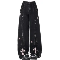 Jeans*Boogzel Clothing Pastel Goth Cross Baggy Jeans Black/pink