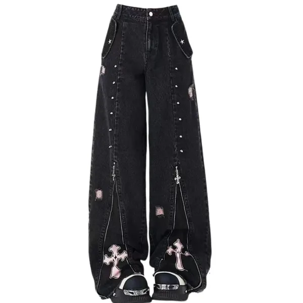 Jeans*Boogzel Clothing Pastel Goth Cross Baggy Jeans Black/pink