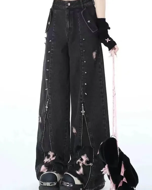 Jeans*Boogzel Clothing Pastel Goth Cross Baggy Jeans Black/pink