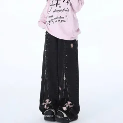 Jeans*Boogzel Clothing Pastel Goth Cross Baggy Jeans Black/pink