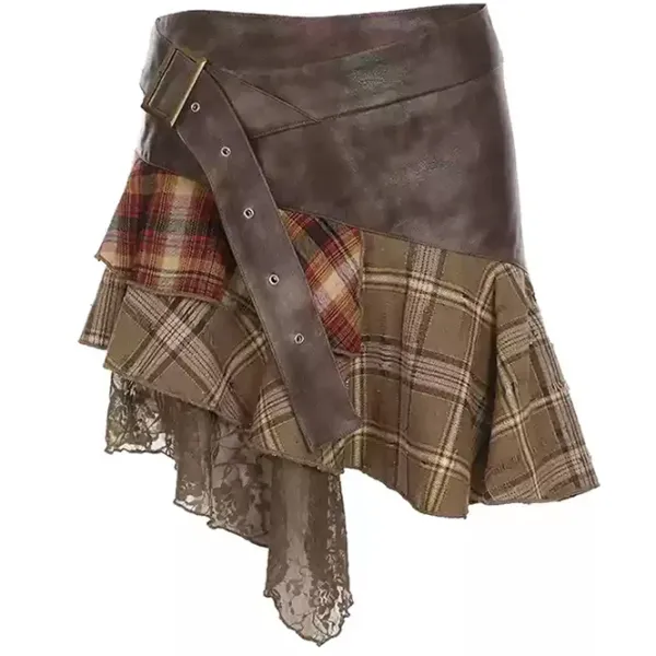 Skirts*Boogzel Clothing Patchwork Asymmetrical Mini Skirt Brown