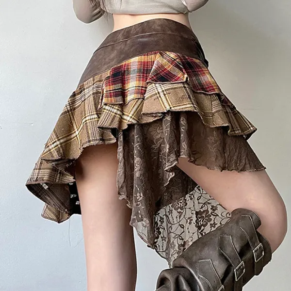 Skirts*Boogzel Clothing Patchwork Asymmetrical Mini Skirt Brown