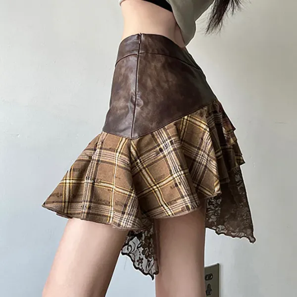 Skirts*Boogzel Clothing Patchwork Asymmetrical Mini Skirt Brown